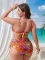 SHEIN Swim BohoFeel Plus Size Full Printed High Waisted Bikini Set With Knot Back