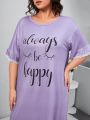 Plus Slogan Graphic Contrast Lace Ruffle Hem Nightdress