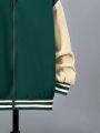 SHEIN Kids EVRYDAY Tween Boy Slogan & Figure Graphic Striped Trim Drop Shoulder Two Tone Varsity Jacket Without Tee