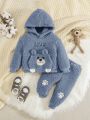 SHEIN Baby Boy Letter Embroidery 3D Ear Design Teddy Hoodie & Pants