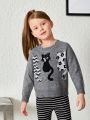 SHEIN Girls Cat Pattern Drop Shoulder Sweater