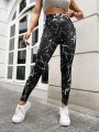 Yoga Trendy Marble Print Wide Waistband Sports Leggings