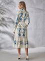 SHEIN VCAY Floral Print Lace Trimmed Long Sleeve Shirt Dress