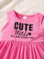 SHEIN Kids QTFun Little Girls' Fashion Sleeveless 2pcs Pink & Grey Casual Dresses With Letter Print, Summer