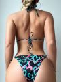 SHEIN Swim BAE Ladies' Heart Print Halter Neck Tie Bikini Swimming Suit Set