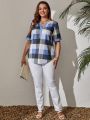 EMERY ROSE Plus Size Notch Neck Short Sleeve Plaid Blouse