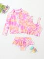 Toddler Girls' Tie Dye Ruffled Hem Tankini Swimsuit Set With Raglan Sleeve Swimwear Top