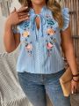 Plus Size Knotted Neckline Ruffled Floral Embroidery Blouse