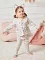 Baby Girls' Regular Fit Cute Floral Number Printed Lace Trimmed Collar Long Sleeve Top And Long Pants Set For Home Wear