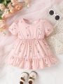 Baby Girls' New Elegant Vintage Style Cute Loose Comfortable Elastic Waist Short Sleeve Floral Dress For Summer