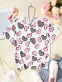 SHEIN Kids FANZEY Girls' Full-Print Heart Pattern Casual T-Shirt With Round Neck