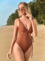 SHEIN Swim BAE Women's Solid Color Hollow Out One Piece Swimsuit For The Waist