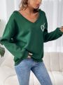 Women's Heart Print Green V-neck Sweatshirt