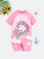 SHEIN Baby Girl's Cute Cartoon Unicorn Design Color Block Short Sleeve One-Piece Swimsuit