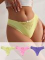 SHEIN Ladies' Lace Patchwork Solid Color Thong Panties