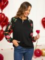 EMERY ROSE Valentine's Day Women Floral Print Drop Shoulder Sweatshirt