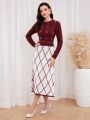 SHEIN Modely Pearl, Beaded, Rhinestone Detail Knitted Sweater Dress In Check Pattern