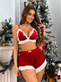 Ruffle Trim Bow Front Velvet PJ Set