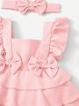 SHEIN Baby Girl's Cute Suspender Dress With Bow Decoration And Ruffle Hem