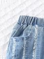 Girls' Y2k Style Trendy Street Cool Elastic High Waist Light Blue Washed Jeans With Frayed Hem And Split Detail