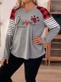 Women'S Plus Size Grid-Stripe Patchwork Raglan Sleeve Alphabet Print T-Shirt