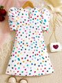 SHEIN Kids SUNSHNE Tween Girls' Knit Love Pattern Crew Neck Bubble Sleeve Fitted Casual Dress