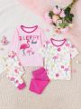 2pcs/Set Toddler Girls' Flamingo Printed Close-Fitting Pajamas Set For Home Wear