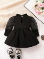 Baby Girl Contrast Dobby Mesh Puff Sleeve Dress