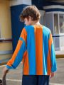 SHEIN Boys' Casual Loose Fit Knitted T-Shirt With Letter, Stripe And Print Pattern, Round Neckline