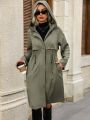 SHEIN Frenchy Women's Drawstring Waist Zipper Front Hooded Trench Coat