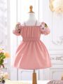 SHEIN Kids SUNSHNE Little Girl'S Sweet Off-Shoulder Embroidered Waist Dress