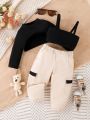 Infant Girls' Solid Color Suspender Crop Top, Tee And Cargo Pants 3pcs Outfit Set