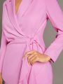 SHEIN BAE Valentine's Day Pink Twill Ruffled Belted Waist Gathered Pleated Long-Sleeved Blazer