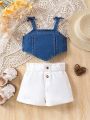 2pcs/Set Baby Girls' Washed Denim Bowknot Cami Top And White Shorts