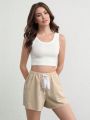 SHEIN Leisure Natrural & Comfy Cotton Elastic Drawstring Lounge Shorts - Khaki