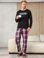 Men's Slogan Printed Long-sleeved T-shirt And Plaid Pants Homewear Set