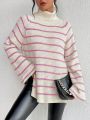 SHEIN Essnce Striped Pattern Turtleneck Raglan Sleeve Split Hem Sweater