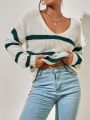 SHEIN Essnce Striped Drop Shoulder V-neck Sweater