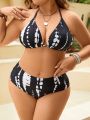 SHEIN Swim Classy Plus Size Tie Dye Bikini Set And Drawstring Side Cover Up Jumpsuit