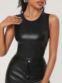 Janis Chow Women'S Pu Leather Sleeveless Top With Round Neckline