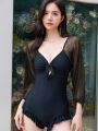 Women's Mesh Insert Off-shoulder Long Sleeve One Piece Swimsuit