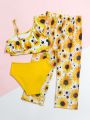 Little Girl's Sunflower Print Ruffle Swimsuit Set