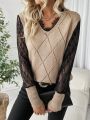 SHEIN Essnce Women's Contrast Color Lace Splice Sweater
