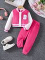 SHEIN Kids Y2Kool Girls' (toddler/little Kid) Contrast Color Letter Patch Fleece Jacket And Pants 2pcs Outfit