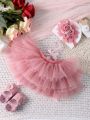 Baby Girls' Mesh Tutu Skirt And Rose Flower Headband Set, Perfect For Newborn Photography