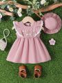 SHEIN Newborn Baby Girl Summer Floral Embroidered Short Sleeve Dress With Flutter Sleeves