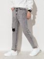 Teenage Boys' New Casual And Fashionable Slim-fit Washed Grey Jeans With Distressed Holes And Tapered Legs