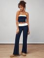 Forever 21 Vintage College Style Two Piece Set For Women With Wide-Leg Color Block High Stretch Flare Pants And Tight Wrap Chest Top