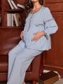 Maternity Long Sleeve Long Pants Pajama Set With Frill Edging