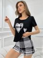 Women'S Summer Casual Pajama Set, Heart Print Short Sleeve Top And Plaid Shorts